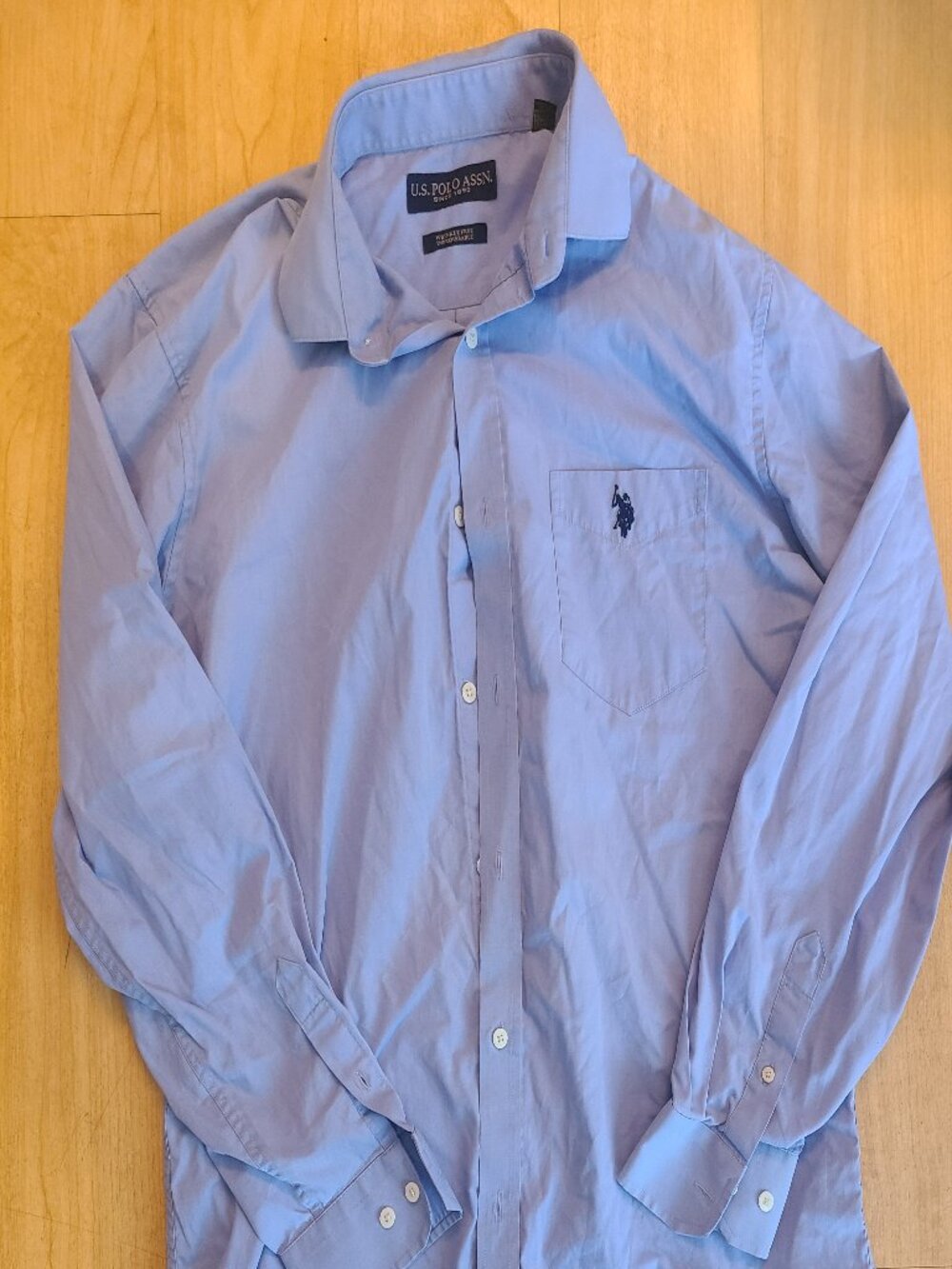 US Polo Assn Mens Dress Shirt 16.5 34 35 L Wrinkle Free Light Blue Button Down